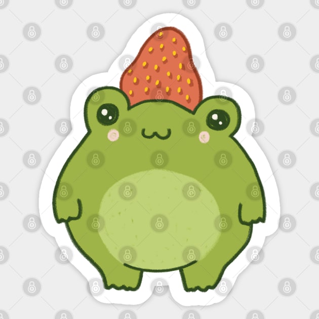 Strawberry Crowned: The Tale of a Cute Frog with a Kawaii Cottagecore Aesthetic and a Fruity Hat Sticker by Ministry Of Frogs